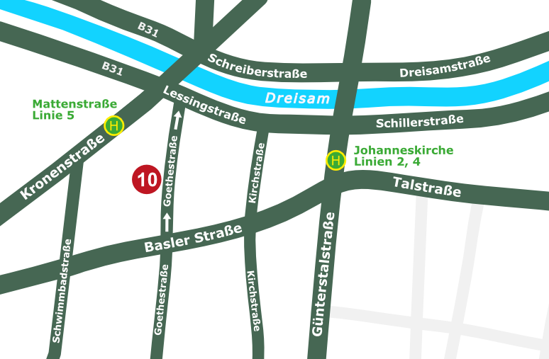Anfahrtsplan Praxis Alexander Ernst, Goethestraße 10 in Freiburg